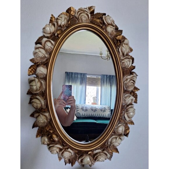Vintage Homco 2057 Gold Trimmed White Roses Hollywood Regency Wall Mirror luxu - Picture 1 of 8